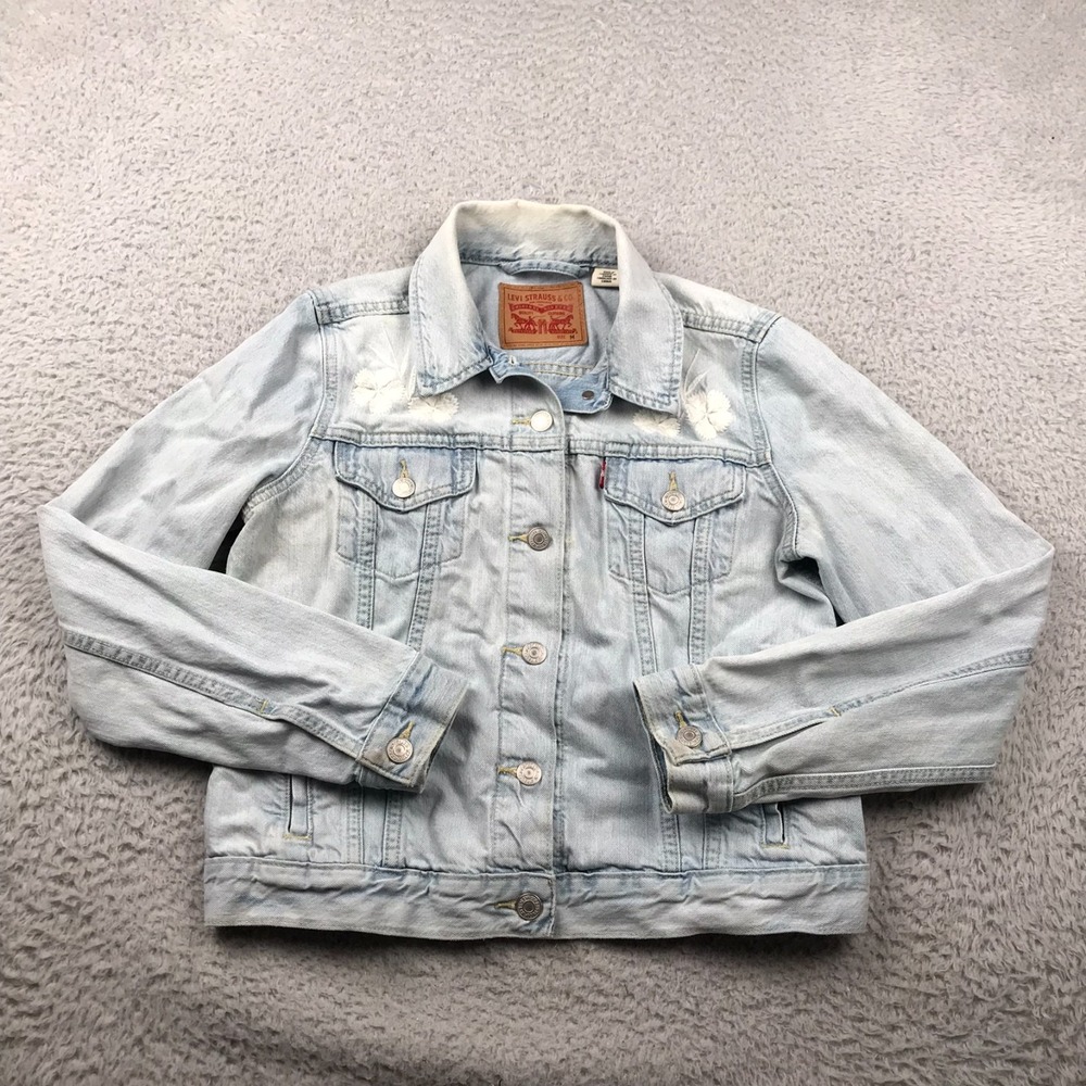 Levis Floral Embroidery Trucker Jacket Womens M Light Wash Denim Jean Coat *Flaw